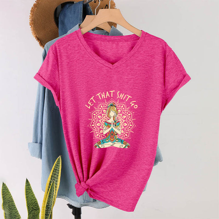 Olivenorma Yoga Themed Meditating Woman Mandala V-Neck T-Shirt - image 34