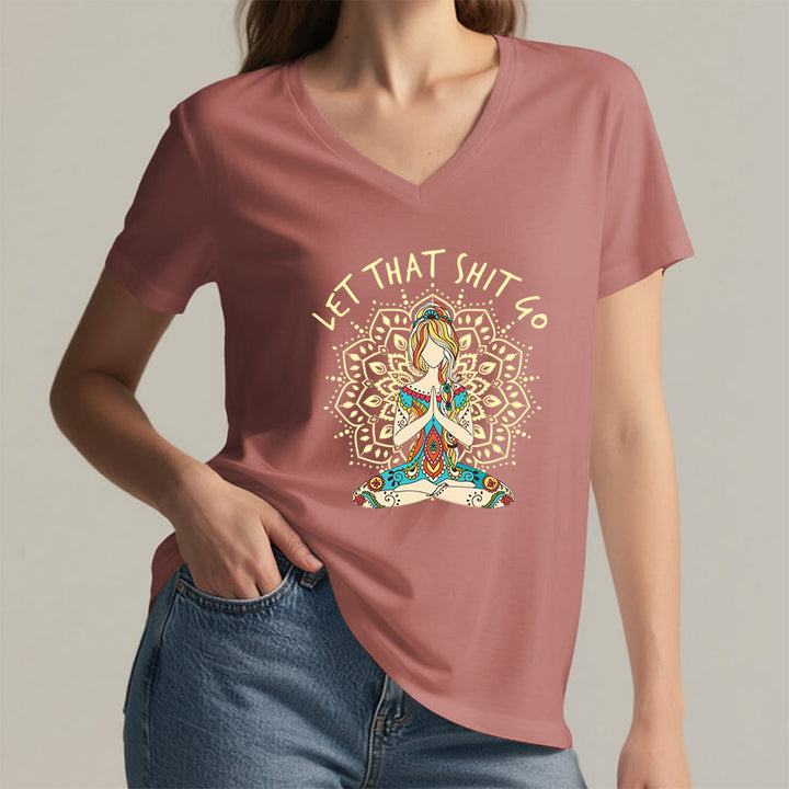 Olivenorma Yoga Themed Meditating Woman Mandala V-Neck T-Shirt - image 32