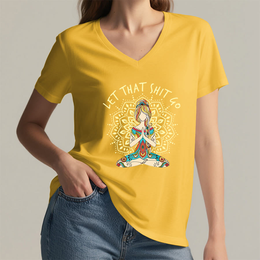 Olivenorma Yoga Themed Meditating Woman Mandala V-Neck T-Shirt - image 14