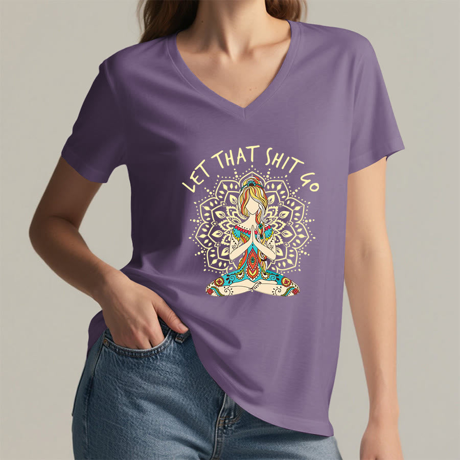 Olivenorma Yoga Themed Meditating Woman Mandala V-Neck T-Shirt - image 23