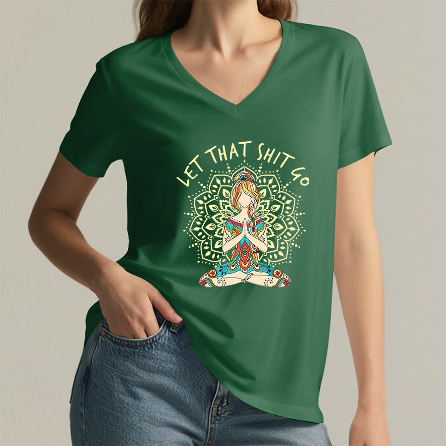 Olivenorma Yoga Themed Meditating Woman Mandala V-Neck T-Shirt - image 26