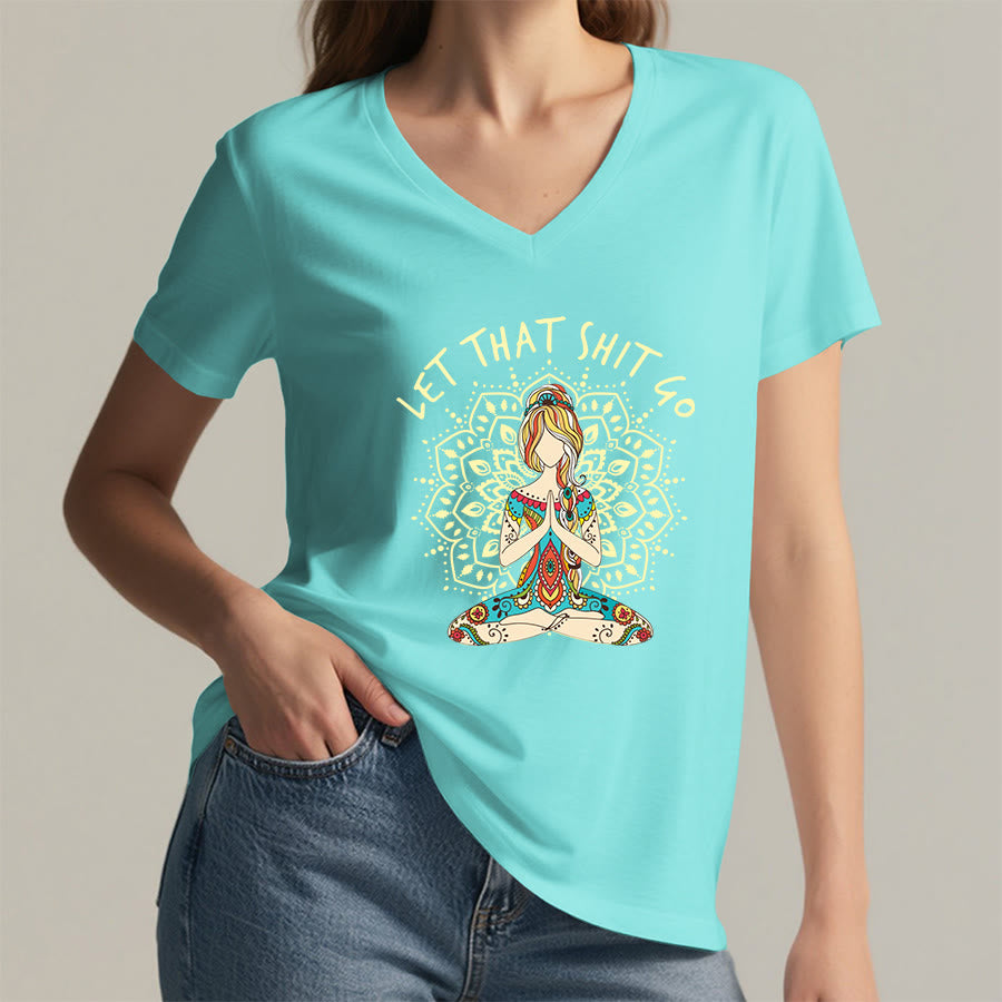 Olivenorma Yoga Themed Meditating Woman Mandala V-Neck T-Shirt - image 17
