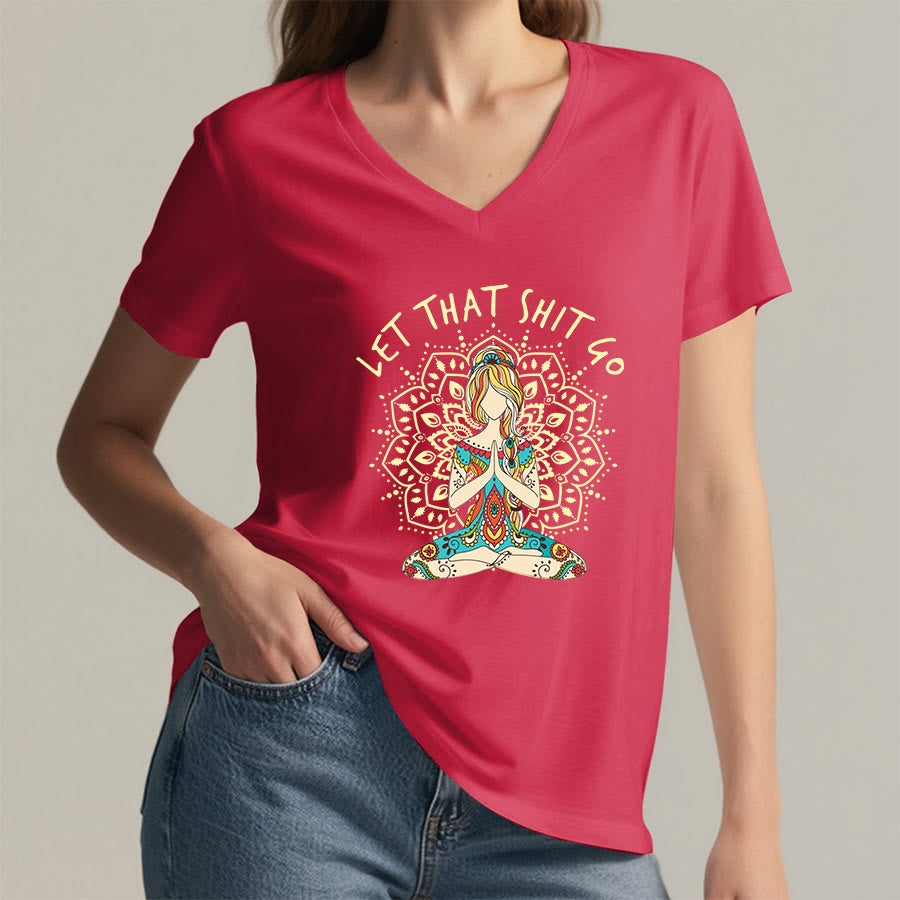 Olivenorma Yoga Themed Meditating Woman Mandala V-Neck T-Shirt - image 38