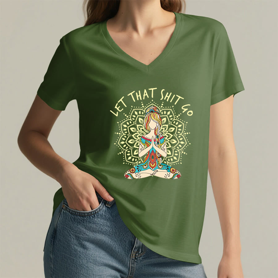 Olivenorma Yoga Themed Meditating Woman Mandala V-Neck T-Shirt - image 2