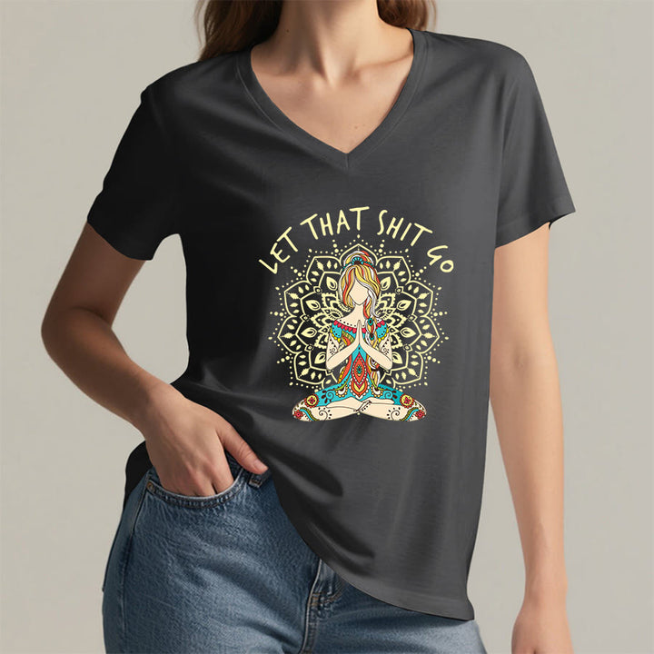 Olivenorma Yoga Themed Meditating Woman Mandala V-Neck T-Shirt - image 11