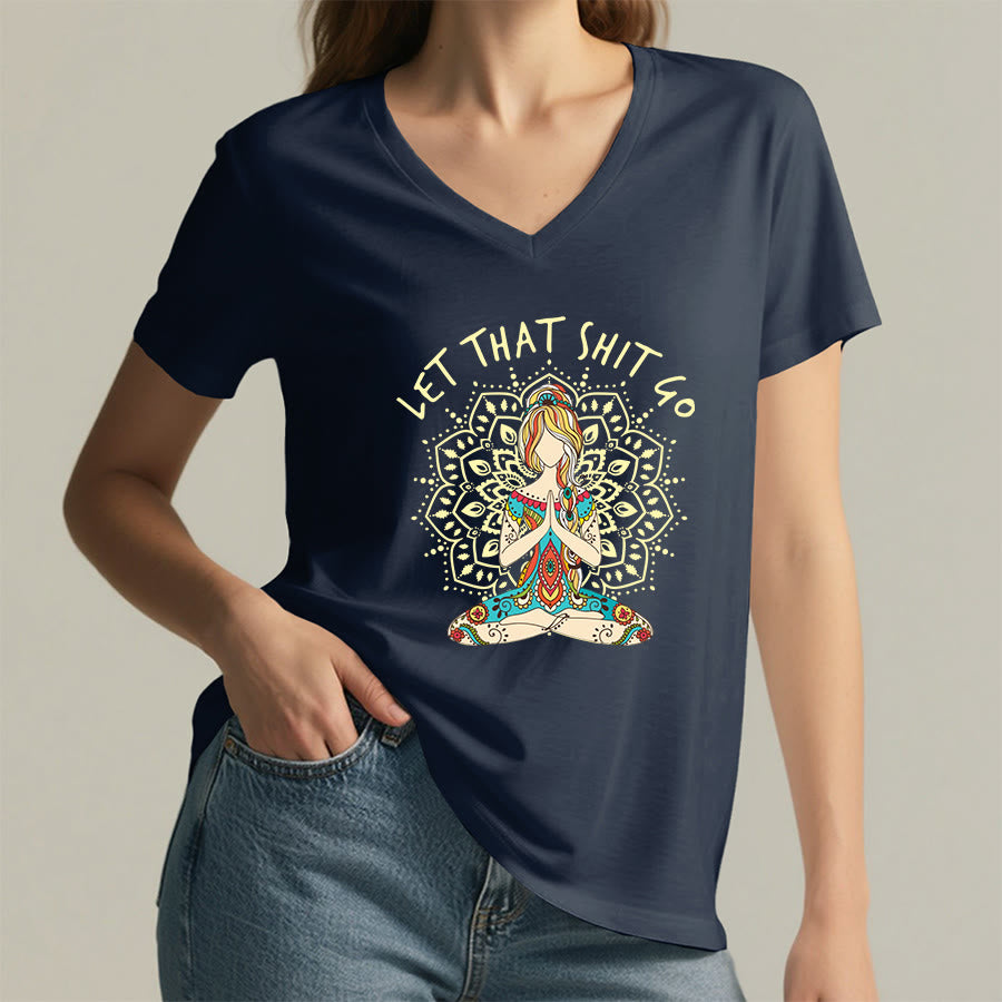 Olivenorma Yoga Themed Meditating Woman Mandala V-Neck T-Shirt - image 20