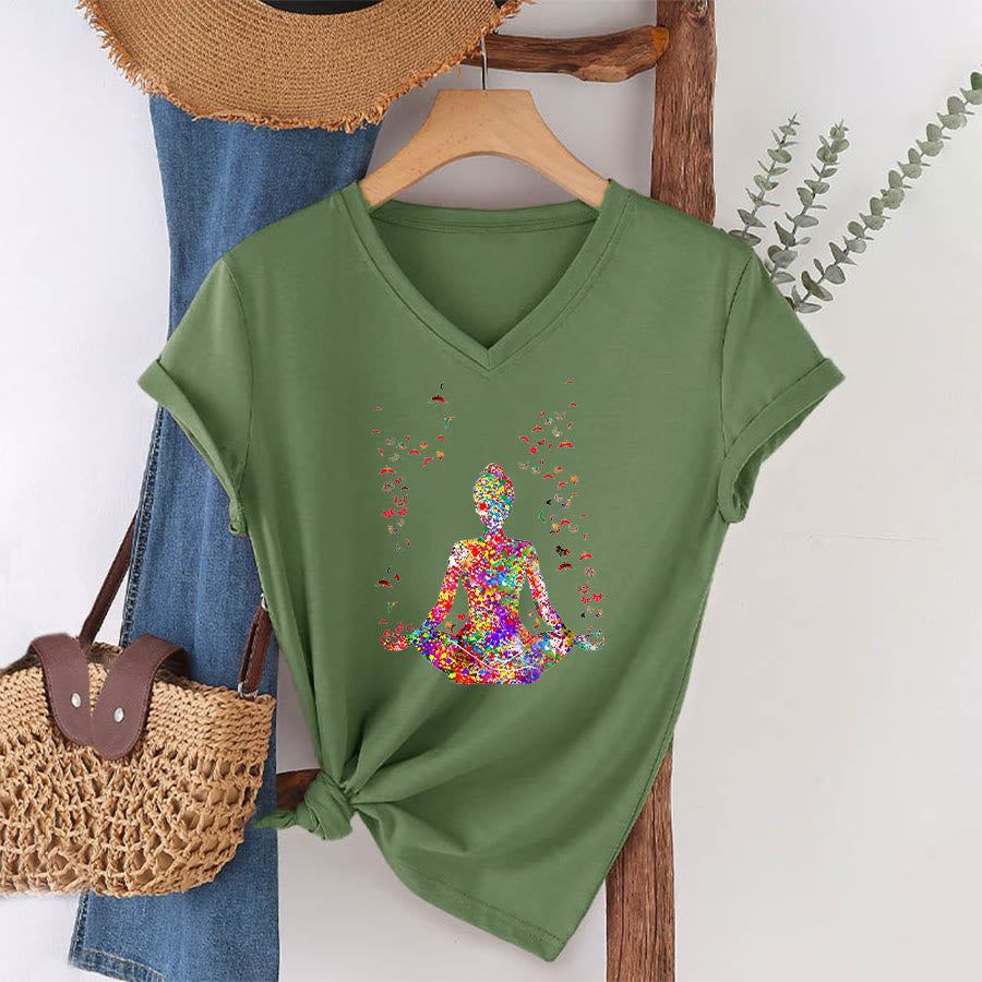 Olivenorma Watercolor Meditating Silhouette Yoga V-Neck T-Shirt - Olive Green - 2XL - image 24