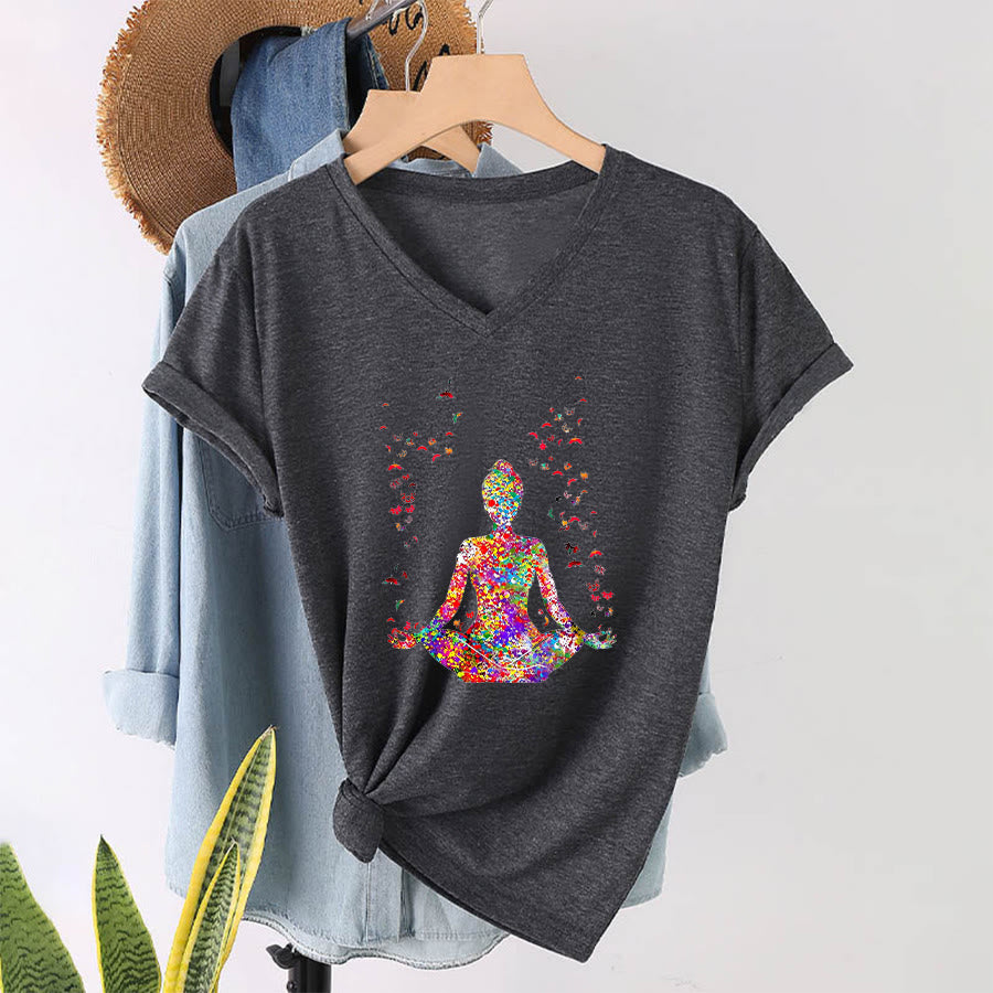 Olivenorma Watercolor Meditating Silhouette Yoga V-Neck T-Shirt - Gray - 2XL - image 15