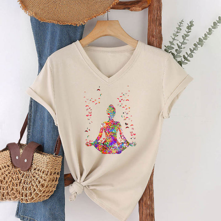 Olivenorma Watercolor Meditating Silhouette Yoga V-Neck T-Shirt - Khaki - 2XL - image 3