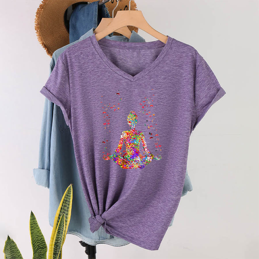 Olivenorma Watercolor Meditating Silhouette Yoga V-Neck T-Shirt - Purple - 2XL - image 36