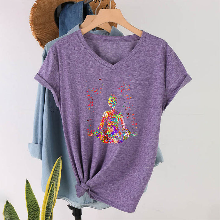 Olivenorma Watercolor Meditating Silhouette Yoga V-Neck T-Shirt - Purple - 2XL - image 36
