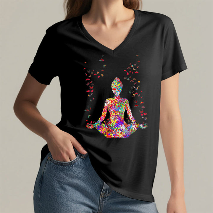 Olivenorma Watercolor Meditating Silhouette Yoga V-Neck T-Shirt - image 13