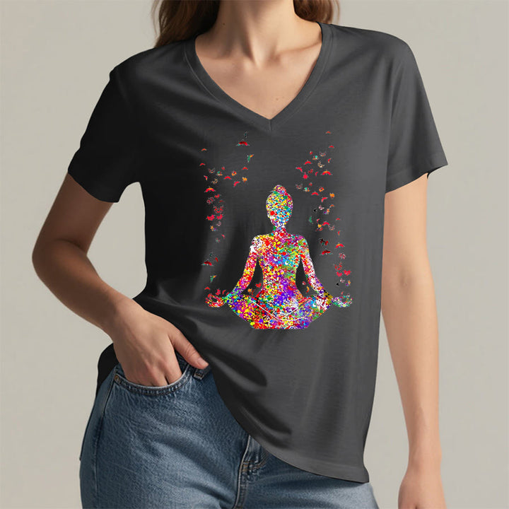 Olivenorma Watercolor Meditating Silhouette Yoga V-Neck T-Shirt - image 16