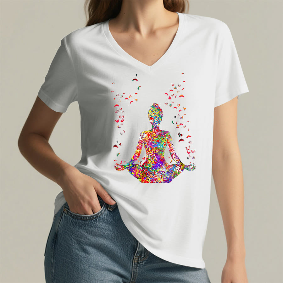 Olivenorma Watercolor Meditating Silhouette Yoga V-Neck T-Shirt - image 1