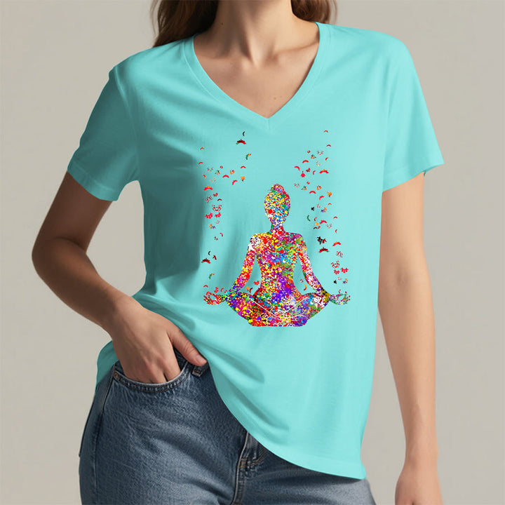 Olivenorma Watercolor Meditating Silhouette Yoga V-Neck T-Shirt - image 10