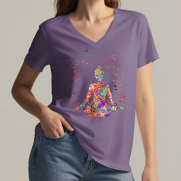 Olivenorma Watercolor Meditating Silhouette Yoga V-Neck T-Shirt - image 37