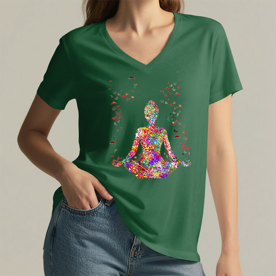 Olivenorma Watercolor Meditating Silhouette Yoga V-Neck T-Shirt - image 22