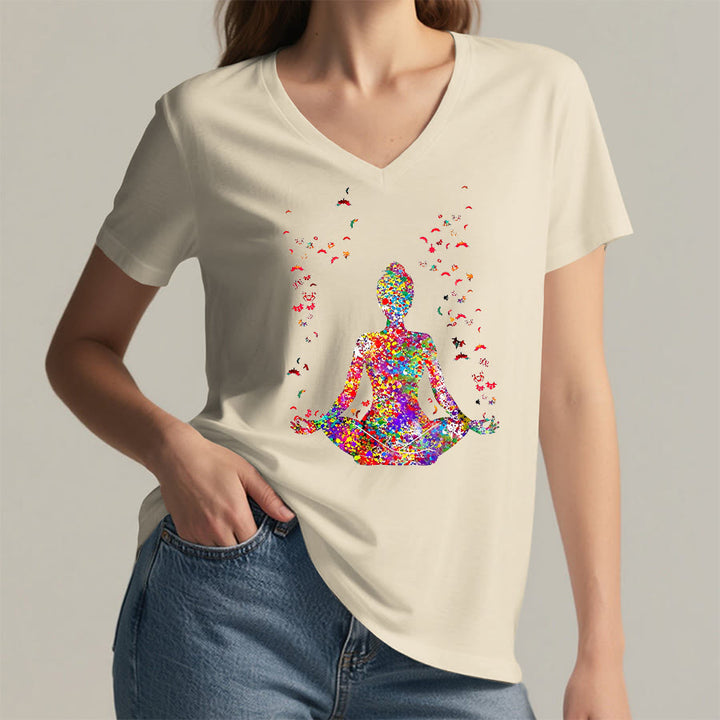 Olivenorma Watercolor Meditating Silhouette Yoga V-Neck T-Shirt - image 4
