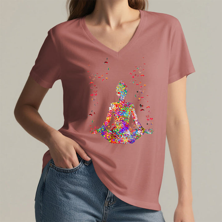 Olivenorma Watercolor Meditating Silhouette Yoga V-Neck T-Shirt - image 7