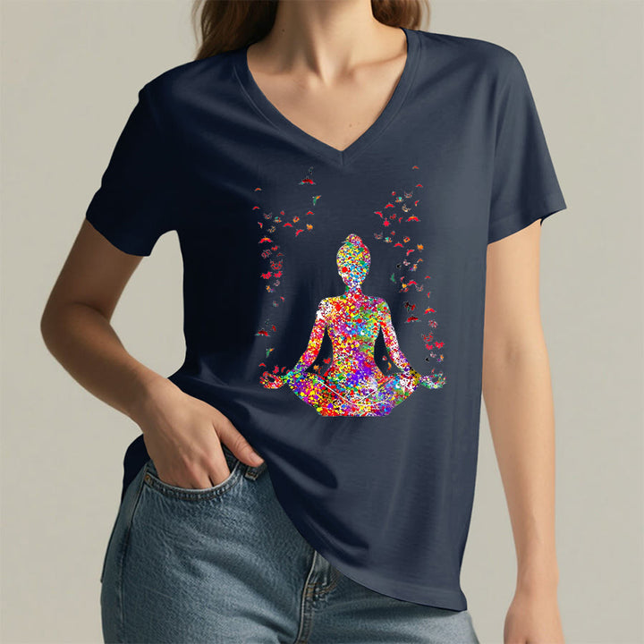 Olivenorma Watercolor Meditating Silhouette Yoga V-Neck T-Shirt - image 19