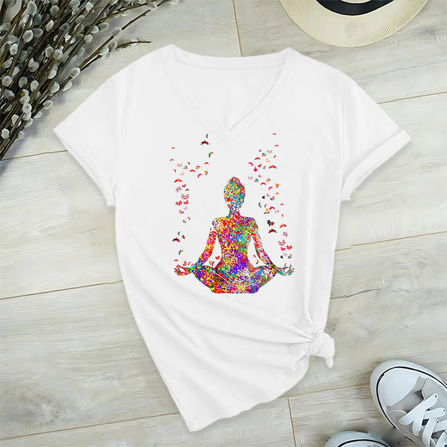 Olivenorma Watercolor Meditating Silhouette Yoga V-Neck T-Shirt - image 2