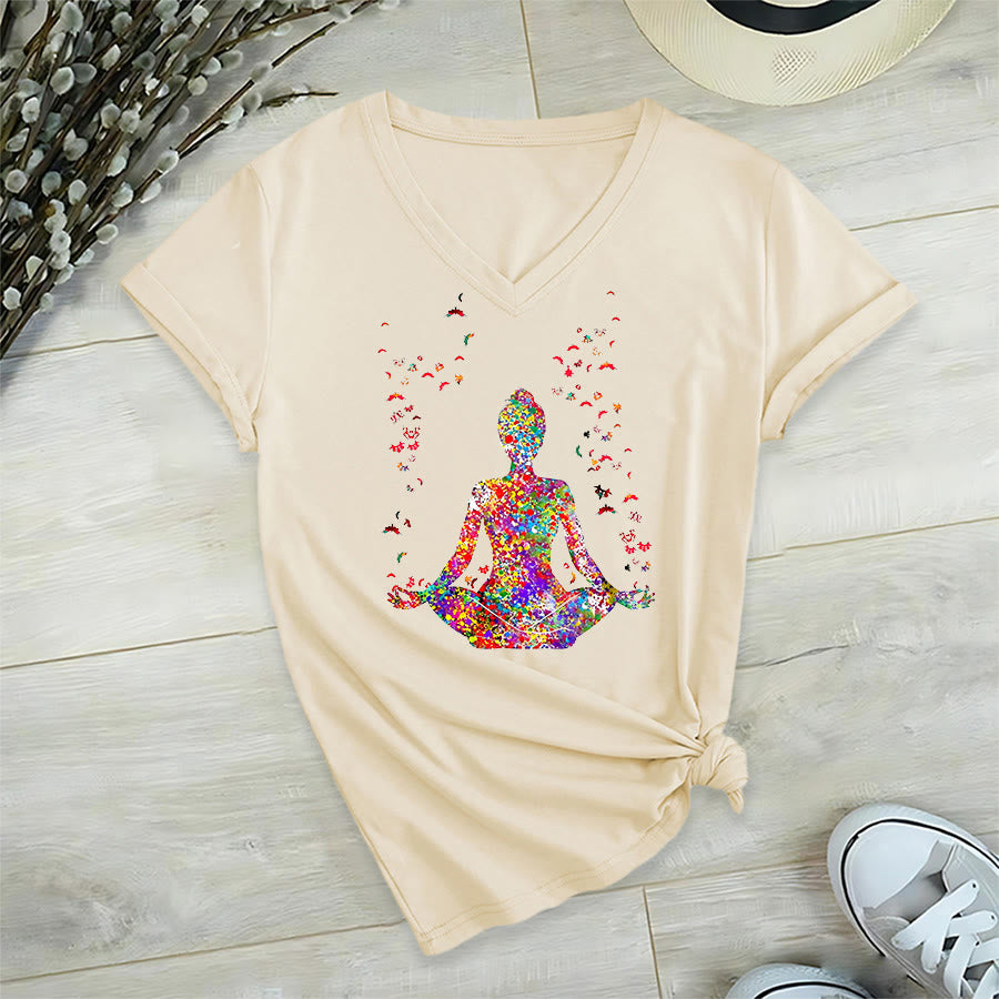 Olivenorma Watercolor Meditating Silhouette Yoga V-Neck T-Shirt - image 5