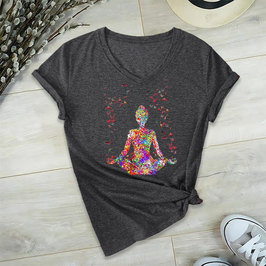 Olivenorma Watercolor Meditating Silhouette Yoga V-Neck T-Shirt - image 17