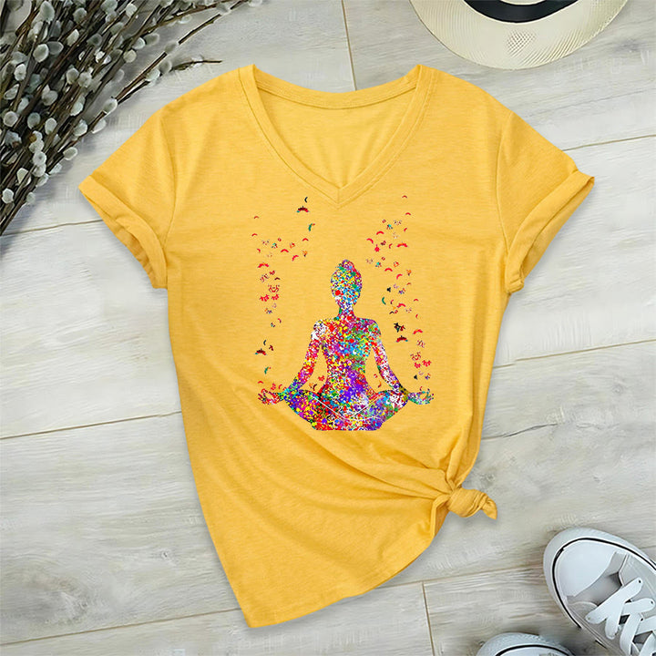 Olivenorma Watercolor Meditating Silhouette Yoga V-Neck T-Shirt - image 32