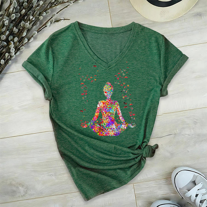 Olivenorma Watercolor Meditating Silhouette Yoga V-Neck T-Shirt - image 23