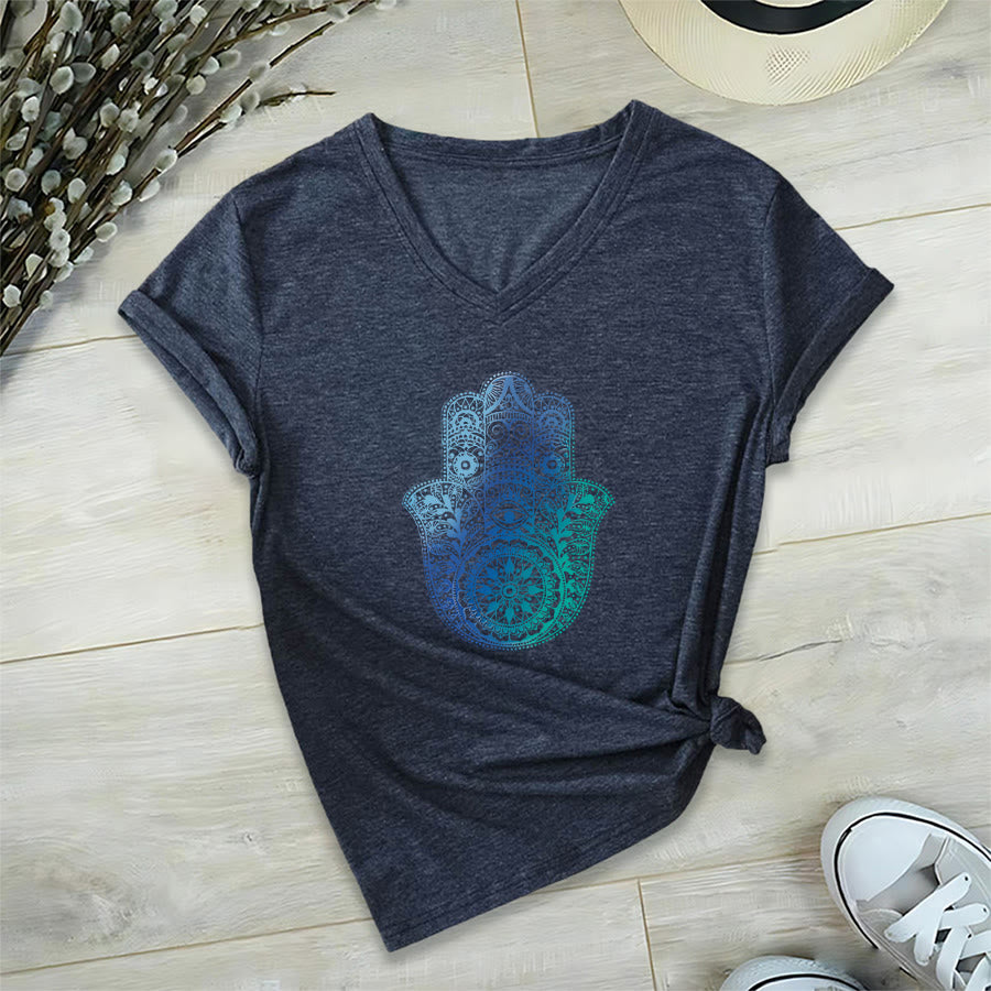 Olivenorma Gradient Hamsa Hand Mandala Print Yoga V-Neck T-Shirt - Navy Blue - 2XL - image 18