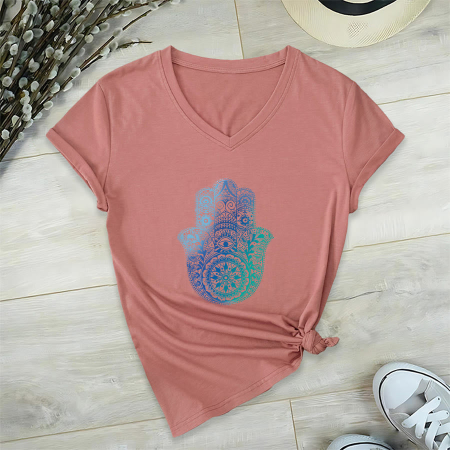 Olivenorma Gradient Hamsa Hand Mandala Print Yoga V-Neck T-Shirt - Pink - 2XL - image 6