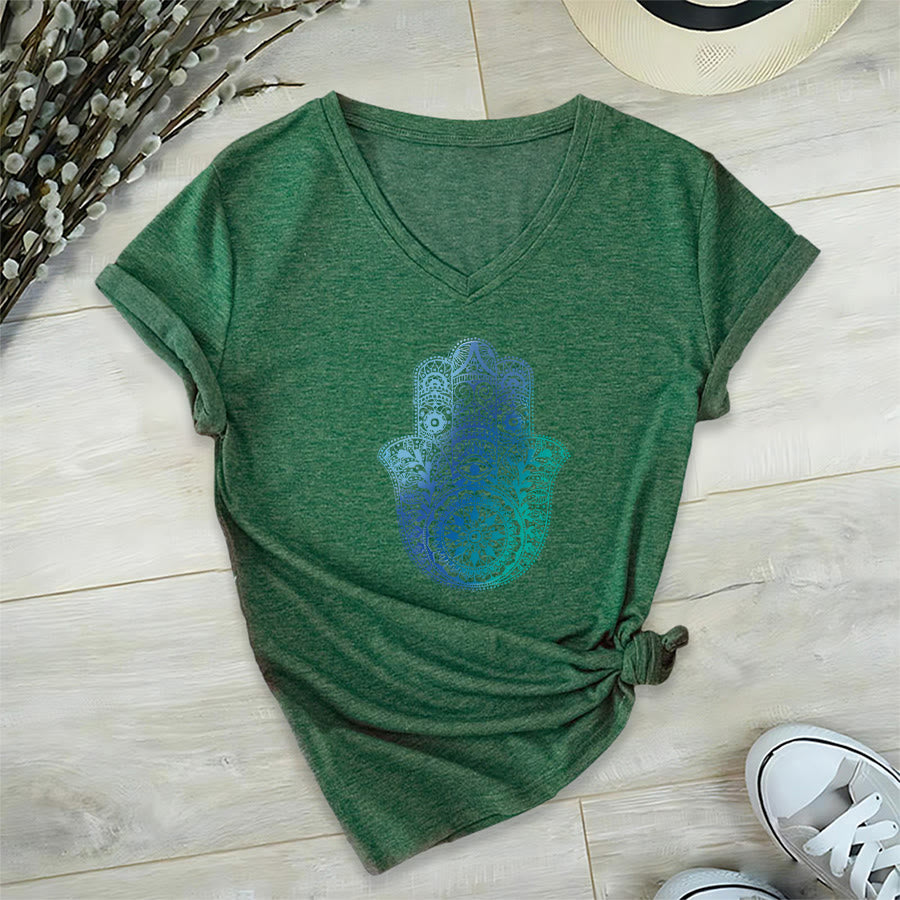 Olivenorma Gradient Hamsa Hand Mandala Print Yoga V-Neck T-Shirt - Dark Green - 2XL - image 21