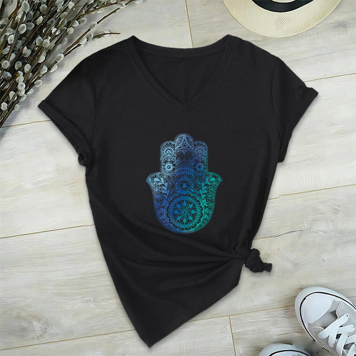 Olivenorma Gradient Hamsa Hand Mandala Print Yoga V-Neck T-Shirt - Black - 2XL - image 12