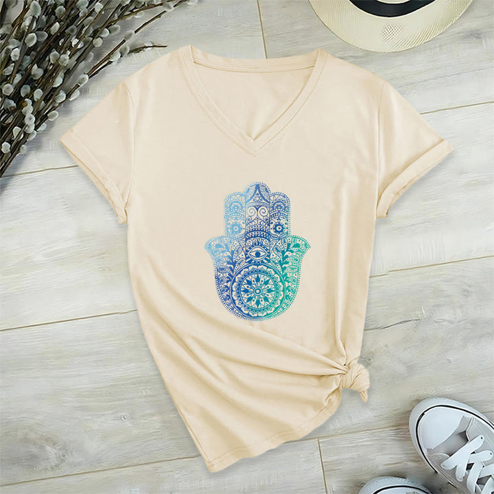 Olivenorma Gradient Hamsa Hand Mandala Print Yoga V-Neck T-Shirt - Khaki - 2XL - image 3