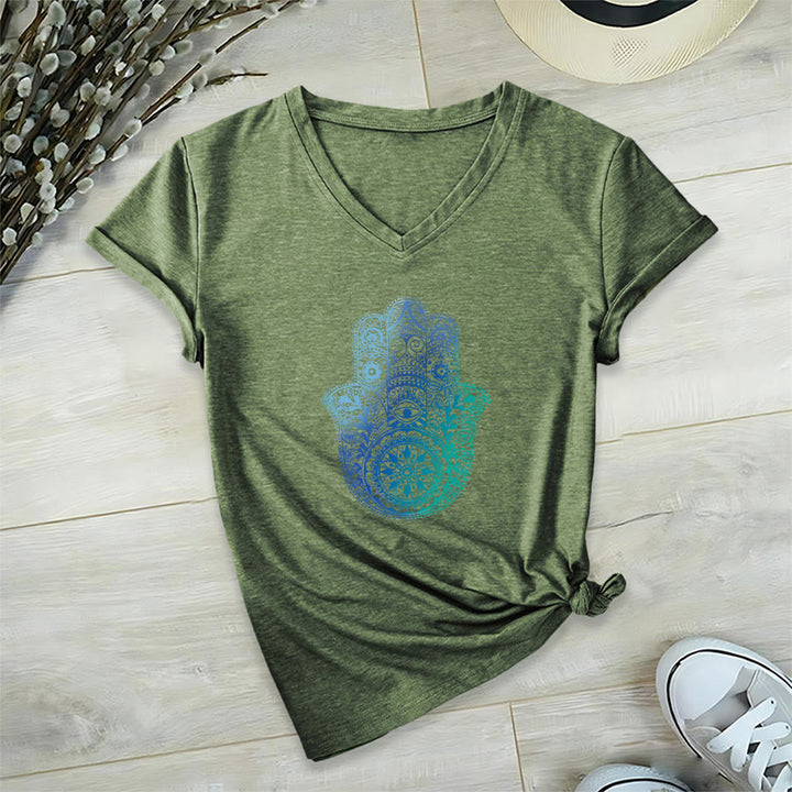 Olivenorma Gradient Hamsa Hand Mandala Print Yoga V-Neck T-Shirt - Olive Green - 2XL - image 24