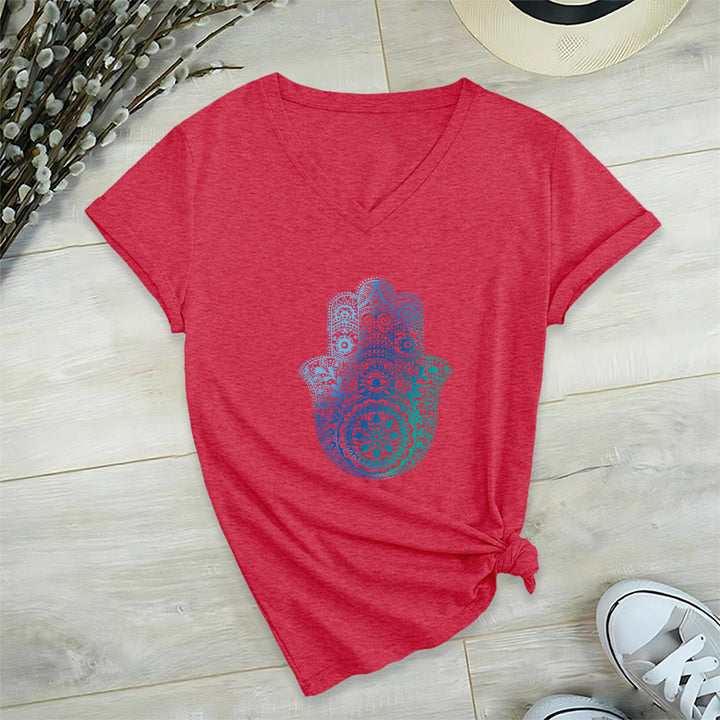 Olivenorma Gradient Hamsa Hand Mandala Print Yoga V-Neck T-Shirt - Red - 2XL - image 27