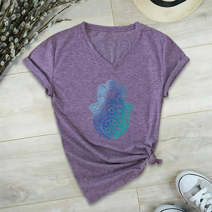 Olivenorma Gradient Hamsa Hand Mandala Print Yoga V-Neck T-Shirt - Purple - 2XL - image 36
