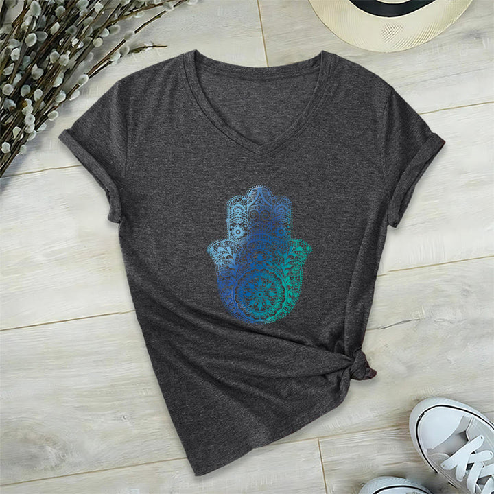 Olivenorma Gradient Hamsa Hand Mandala Print Yoga V-Neck T-Shirt - Gray - 2XL - image 15