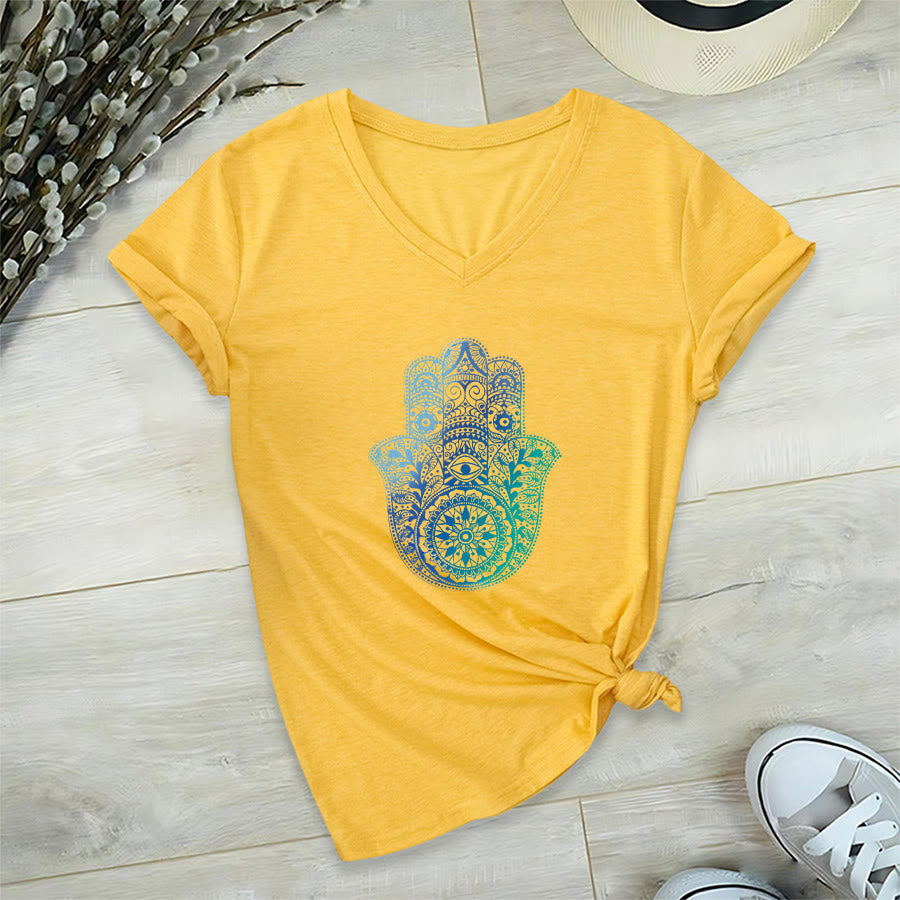 Olivenorma Gradient Hamsa Hand Mandala Print Yoga V-Neck T-Shirt - Yellow - 2XL - image 30