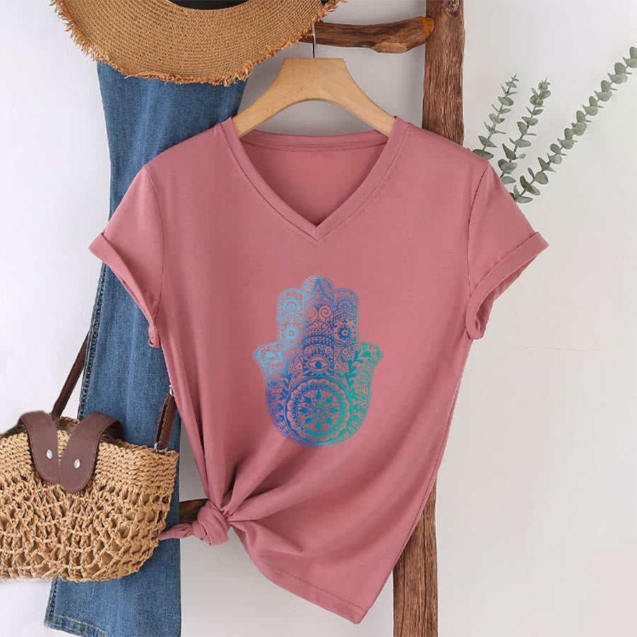 Olivenorma Gradient Hamsa Hand Mandala Print Yoga V-Neck T-Shirt - image 7