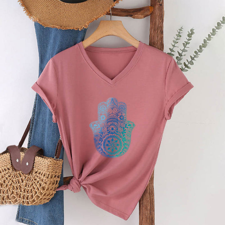 Olivenorma Gradient Hamsa Hand Mandala Print Yoga V-Neck T-Shirt - image 7