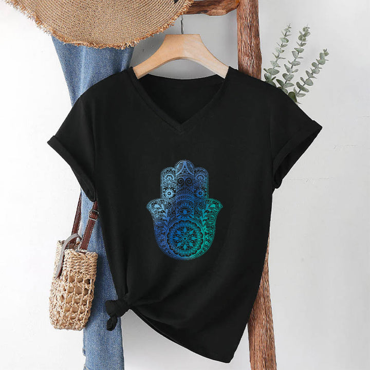 Olivenorma Gradient Hamsa Hand Mandala Print Yoga V-Neck T-Shirt - image 13