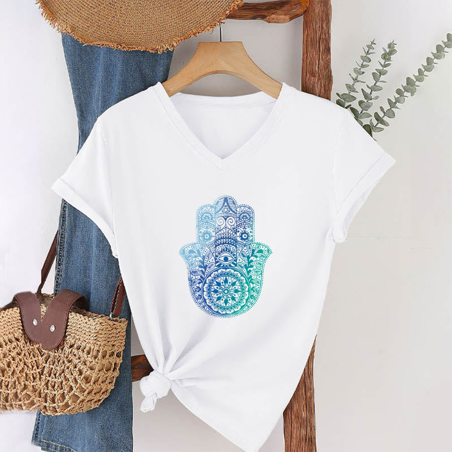 Olivenorma Gradient Hamsa Hand Mandala Print Yoga V-Neck T-Shirt - image 1