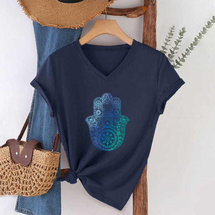 Olivenorma Gradient Hamsa Hand Mandala Print Yoga V-Neck T-Shirt - image 19