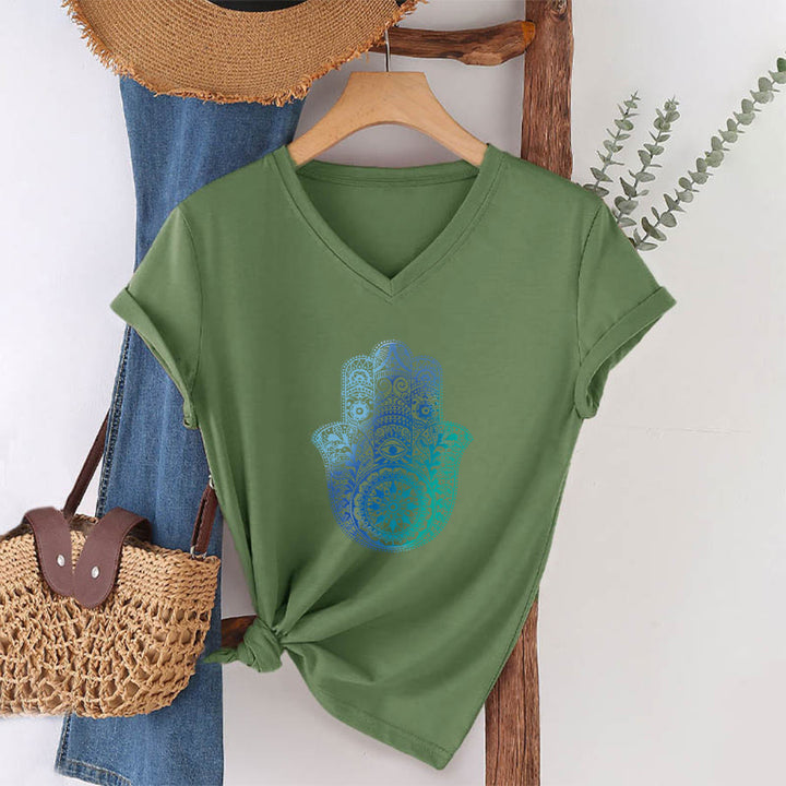 Olivenorma Gradient Hamsa Hand Mandala Print Yoga V-Neck T-Shirt - image 25