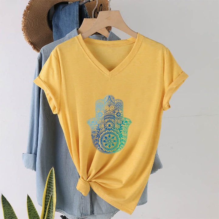 Olivenorma Gradient Hamsa Hand Mandala Print Yoga V-Neck T-Shirt - image 31