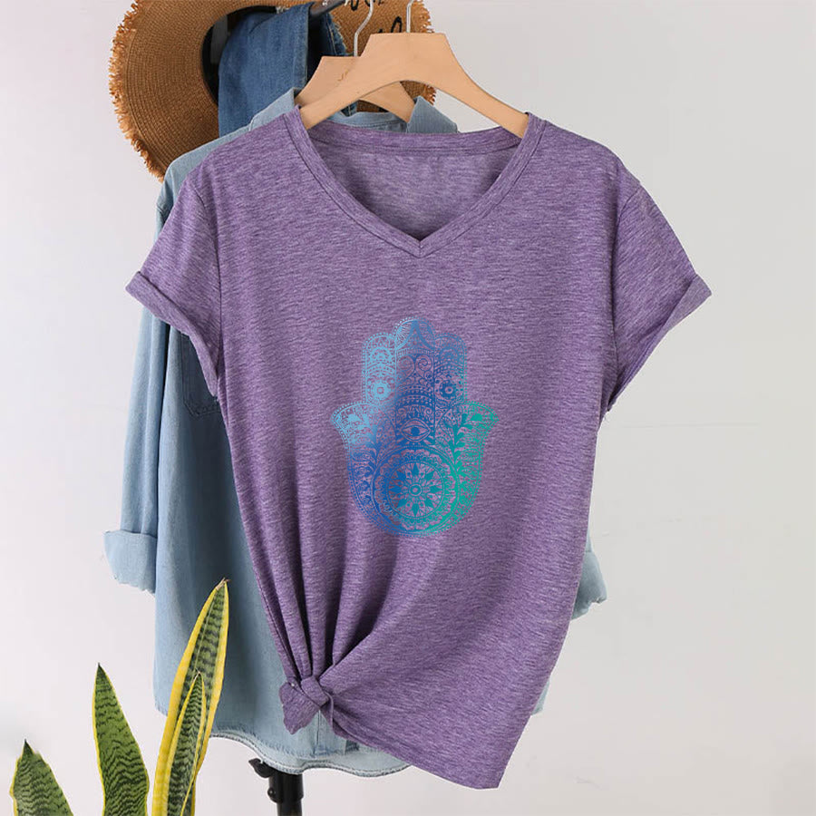 Olivenorma Gradient Hamsa Hand Mandala Print Yoga V-Neck T-Shirt - image 37