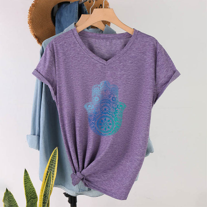 Olivenorma Gradient Hamsa Hand Mandala Print Yoga V-Neck T-Shirt - image 37