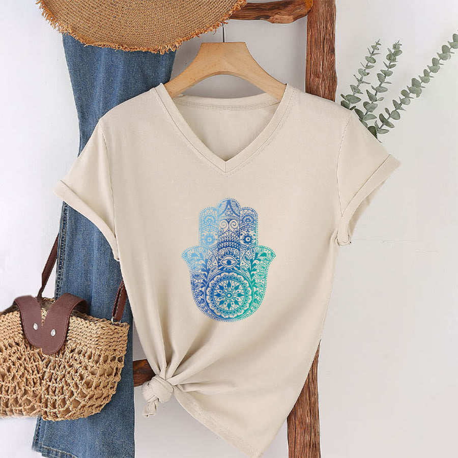 Olivenorma Gradient Hamsa Hand Mandala Print Yoga V-Neck T-Shirt - image 4