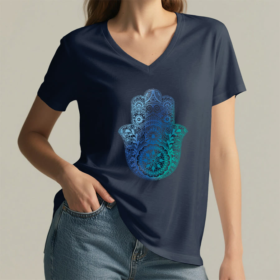 Olivenorma Gradient Hamsa Hand Mandala Print Yoga V-Neck T-Shirt - image 20